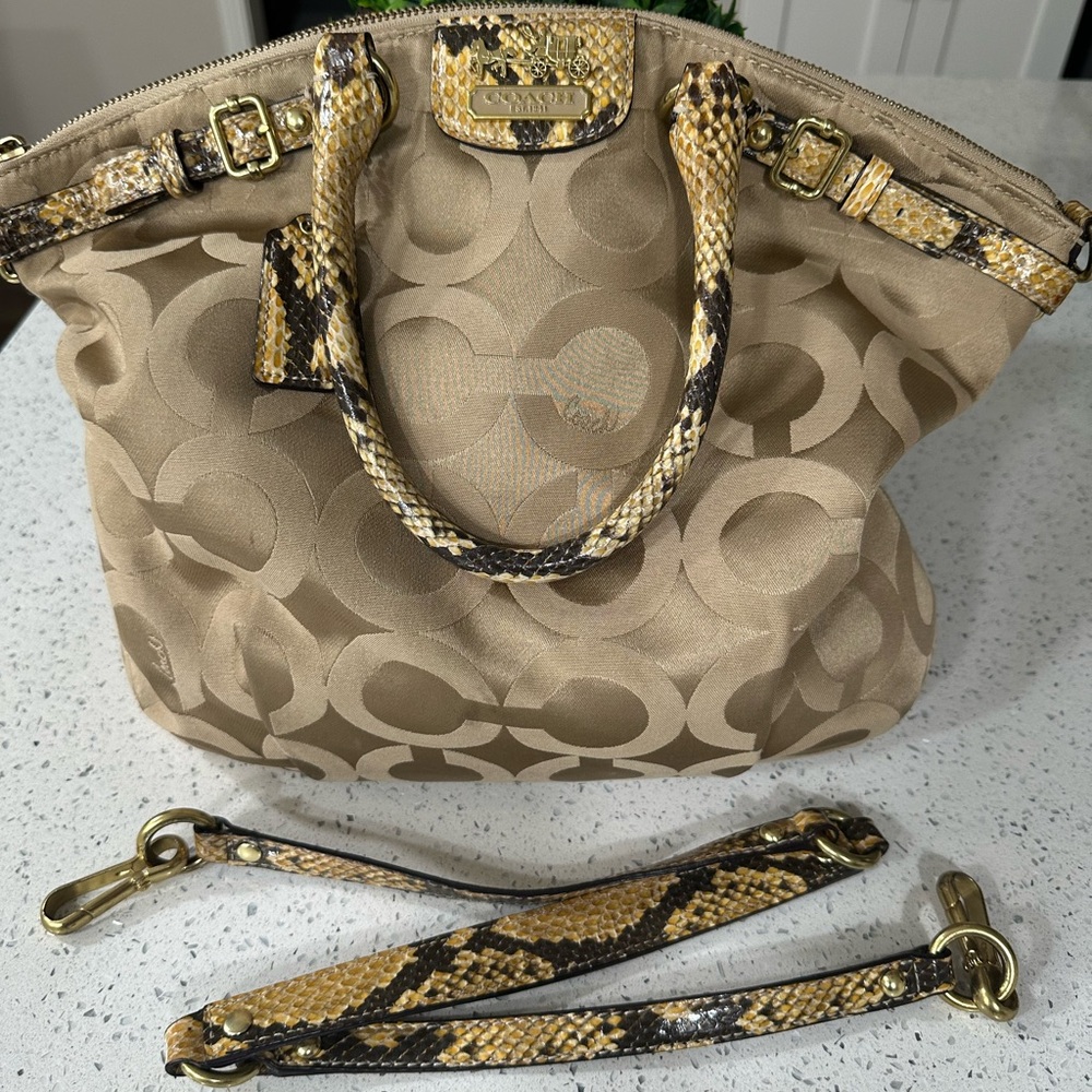 Coach Tan and Gold 2Way Shoulder Bag with Snakeskin Accents